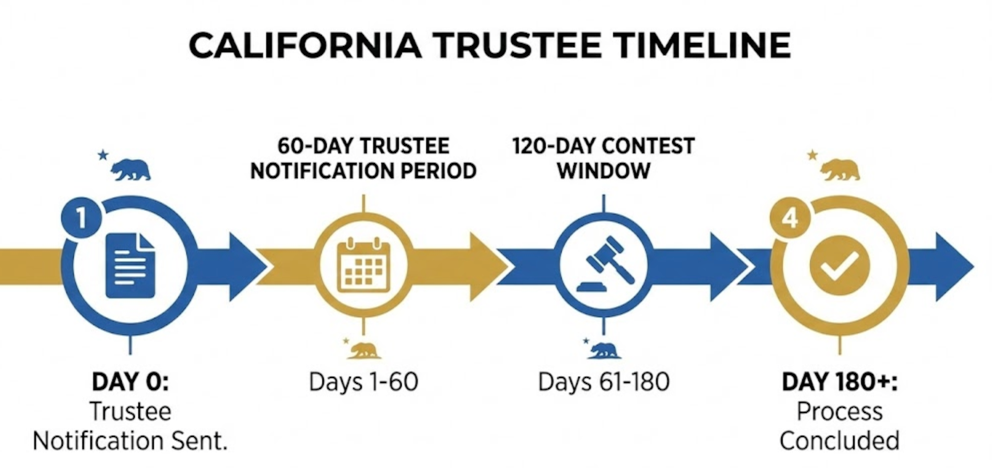 Infographic showing 120-day California trust contest deadline with key milestones