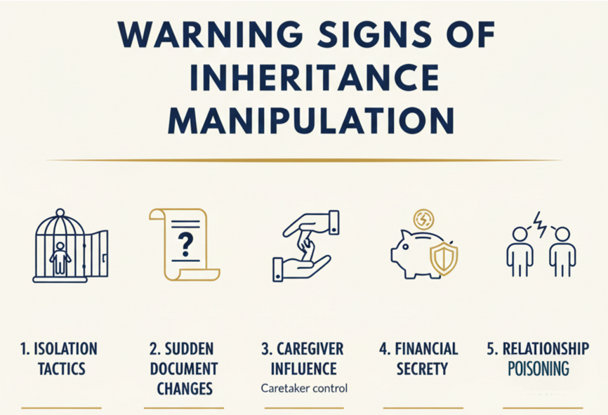 When Grief Meets Greed: Protecting Your Inheritance During the Holidays 2 Infographic showing warning signs of undue influence in estate planning
