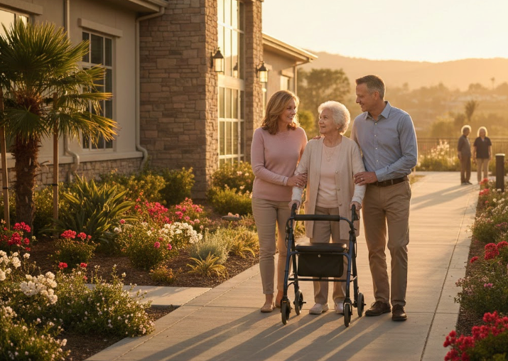Southern California's Memory Care Facilities: The New Hunting Ground for Trust Predators 1 California memory care facility exterior with family visiting elderly resident