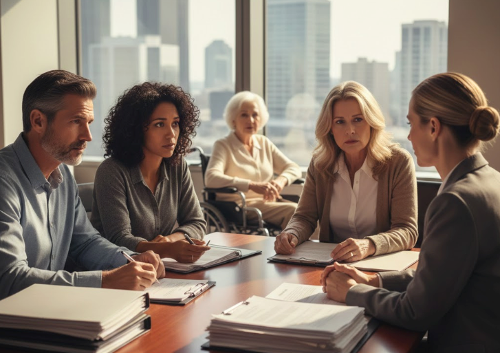 Adult children meeting with attorney about conservatorship for elderly mother