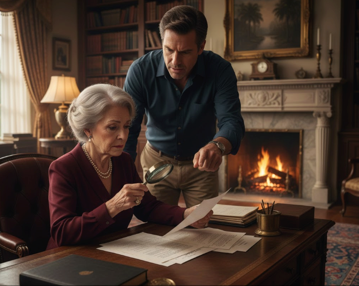 Senior reviewing trust documents while adult child expresses concern about finances