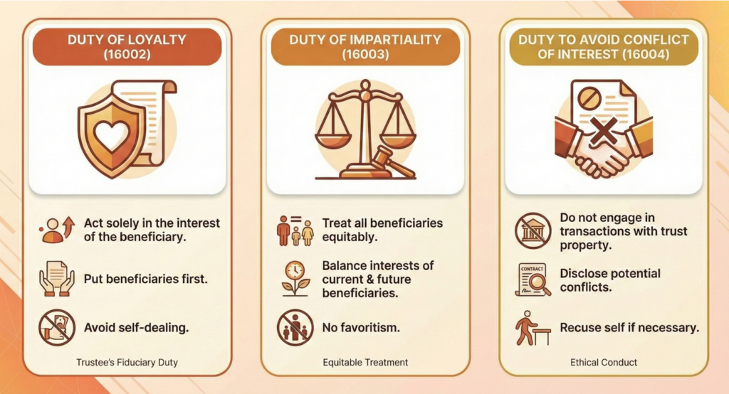 Infographic showing California Probate Code sections 16002, 16003, and 16004 trustee duties