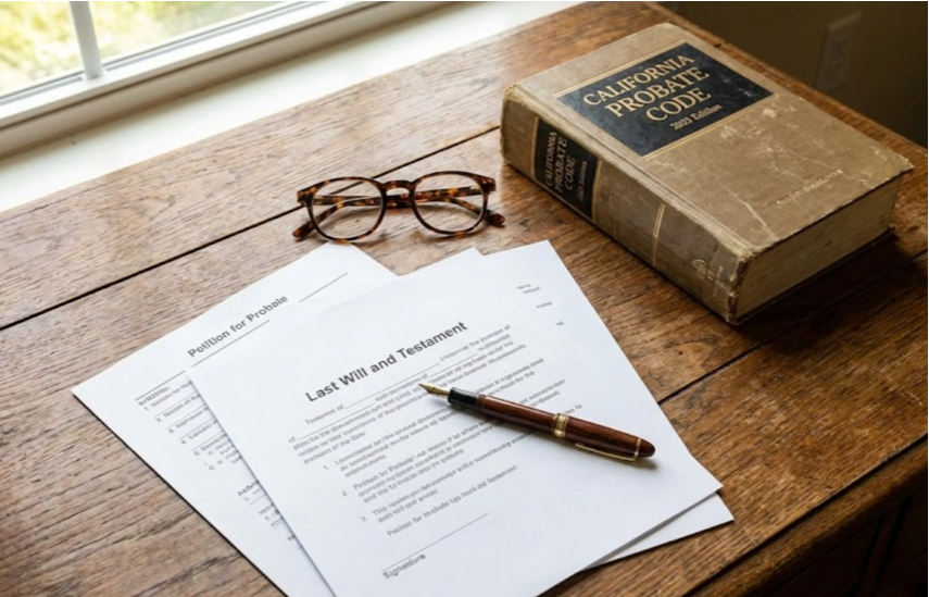 Estate planning documents and California Probate Code book on desk