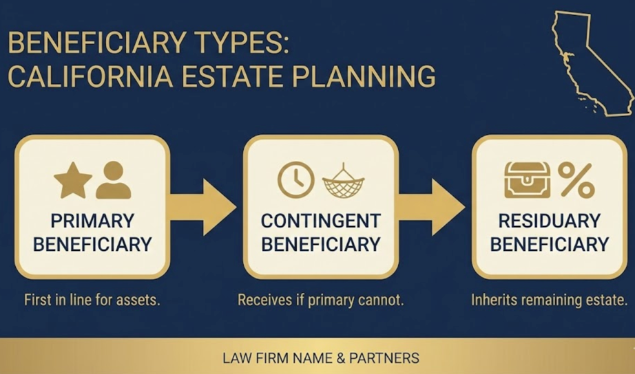 Infographic showing primary, contingent, and residuary beneficiary hierarchy