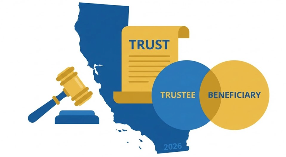 California state outline with trust document and gavel representing trustee beneficiary law 2026