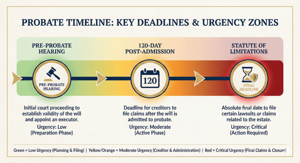 How to Contest a Will in California: Grounds, Deadlines, and What a Trust Litigation Attorney Actually Does in Court 3 Timeline showing critical deadlines for contesting a will in California