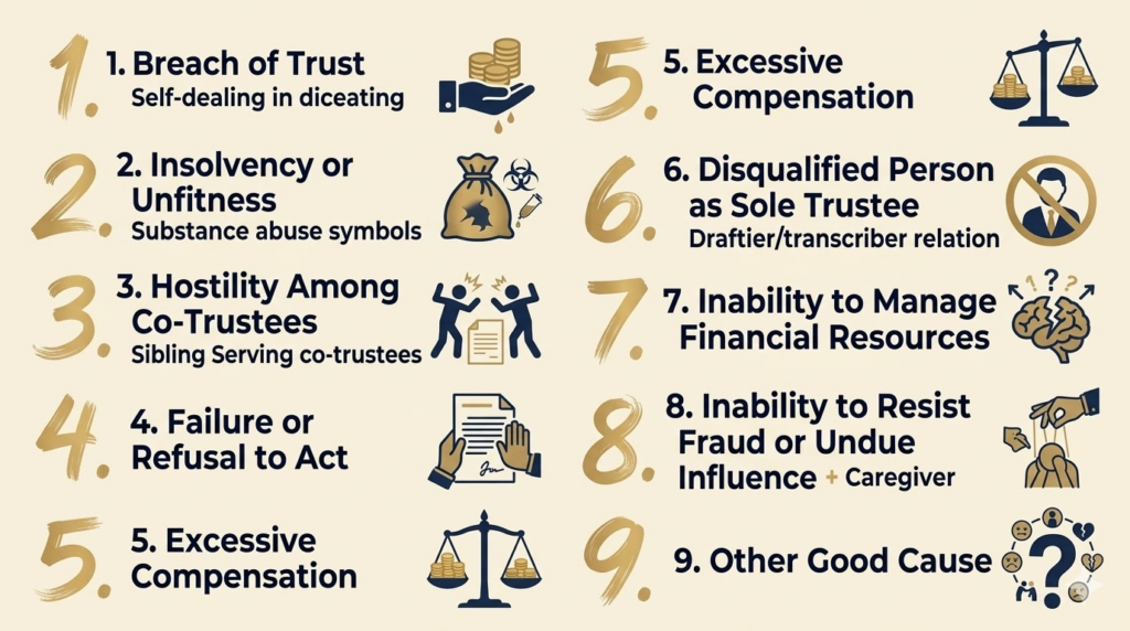 How to Remove a Trustee in California: Grounds Under Probate Code §15642, the Court Process, and What Happens to the Trust After Removal 1 Infographic listing nine statutory grounds for trustee removal under California law