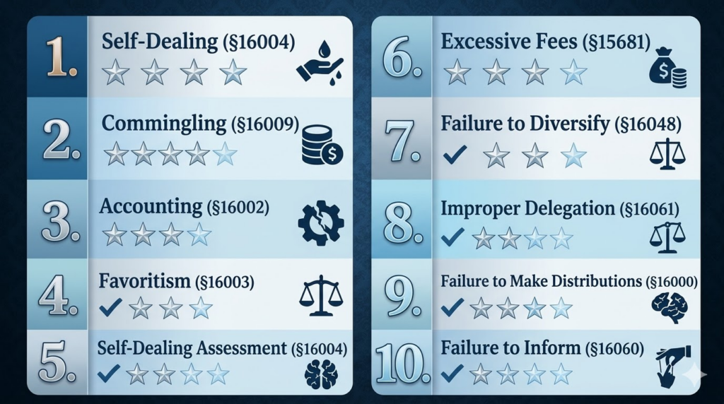 Breach of Fiduciary Duty by a California Trustee: The 10 Most Common Violations, How Courts Calculate Damages, and Your Statute of Limitations 1 Infographic listing 10 common trustee fiduciary duty violations under California Probate Code