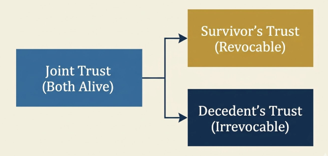 Disinherited by a Stepparent's Trust Amendment? Your Legal Options Under California Law When a Second Spouse Changes Your Parent's Estate Plan 1 Diagram showing AB trust split into Survivor's Trust and Decedent's Trust after first death