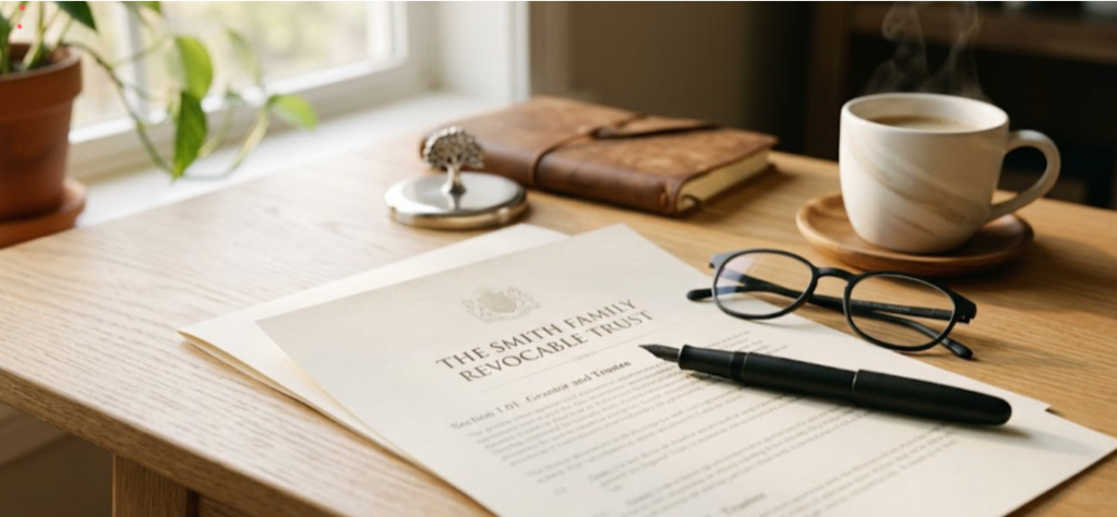 What Makes a Trust Invalid in California? A Plain-English Guide 1 Trust document on a wooden desk with a signature pen, reading glasses, and a coffee cup in warm morning light.