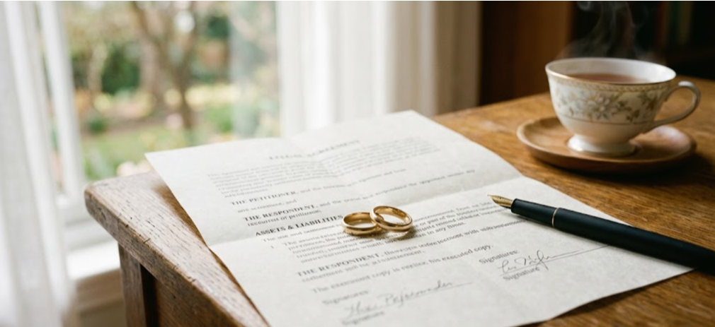Can a Spouse Be Disinherited in California? What the Law Really Says 2 Two gold wedding rings on a folded will document beside a pen and cup of tea in warm morning light.