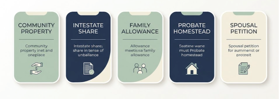 Surviving Spouse Rights in California: What the Law Actually Gives You 2 Vertical infographic listing community property, intestate share, family allowance, homestead, and petition.