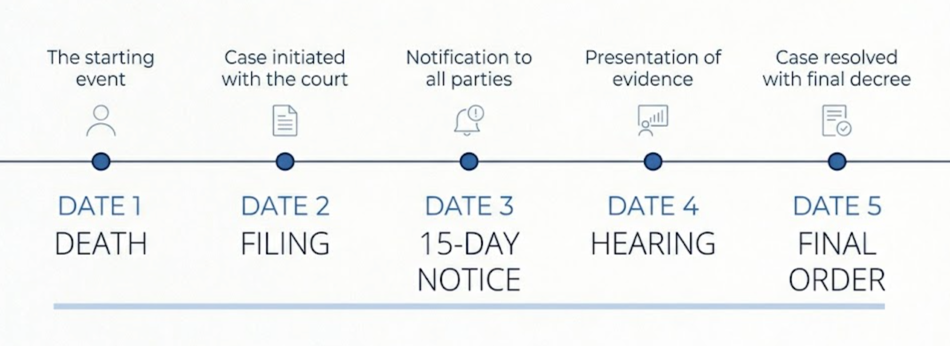 Deadlines for a Spousal Property Petition in California: What You Actually Need to Watch 3 Horizontal timeline showing death, filing, hearing date, notice deadline, and final order for a California petition.