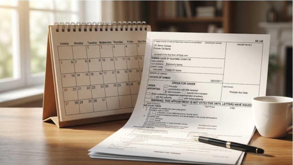 Deadlines for a Spousal Property Petition in California: What You Actually Need to Watch 1 Desk calendar beside a pen, paper form, and a coffee cup in soft natural light, suggesting a filing deadline.